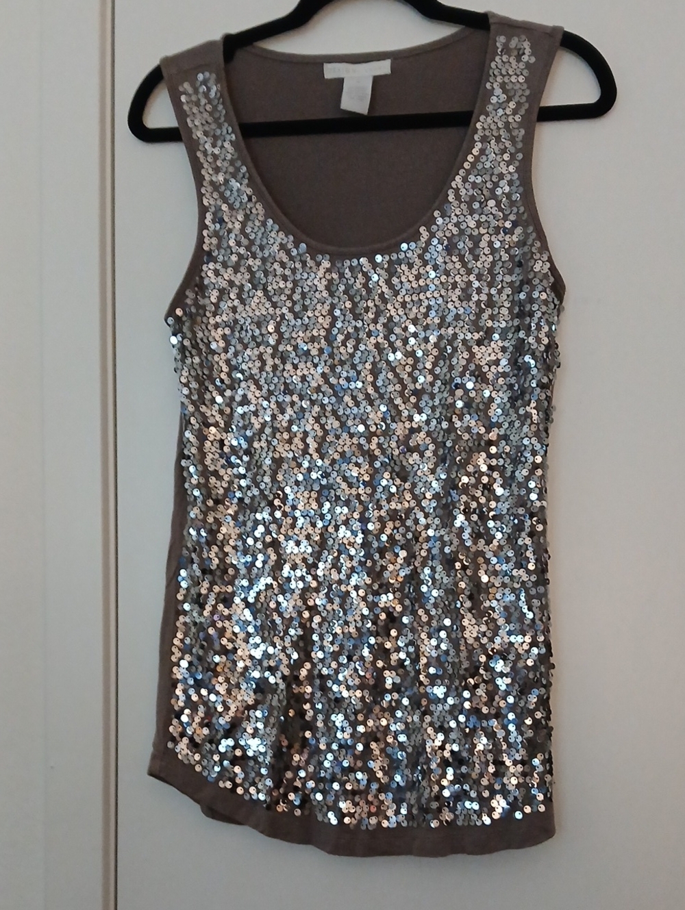 Design History Taupe Tank Top with Silver Sequins